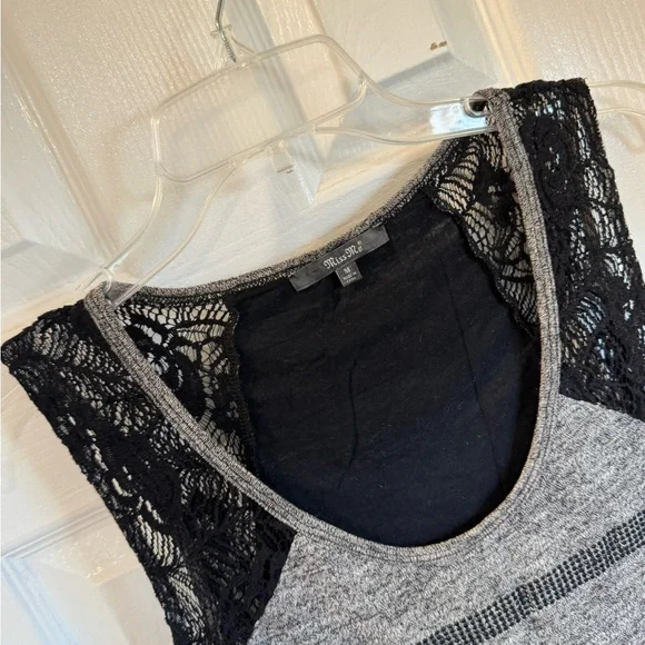 Miss Me Gray and Black Striped Rhinestone Lace Tank Top - Picture 3 of 7